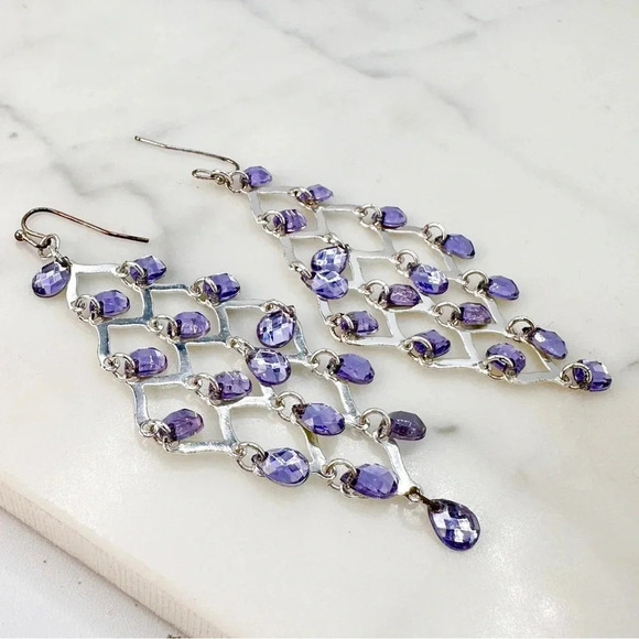 Chandelier Earrings Purple Dangle Gems Faceted Silver-tone Periwinkle 3”… - Picture 2 of 11